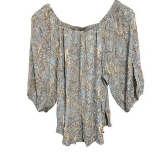 CHRIS & CAROL Blue Paisley Print Off Shoulder 3/4 Sleeve Blouse Top Women's M